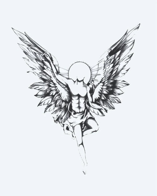 Guardian Angel semi-permanent tattoo design by INKON – majestic, guardian, angel, spread, wings illustration, 4 x 8 in (11x21cm), available at inkon.co