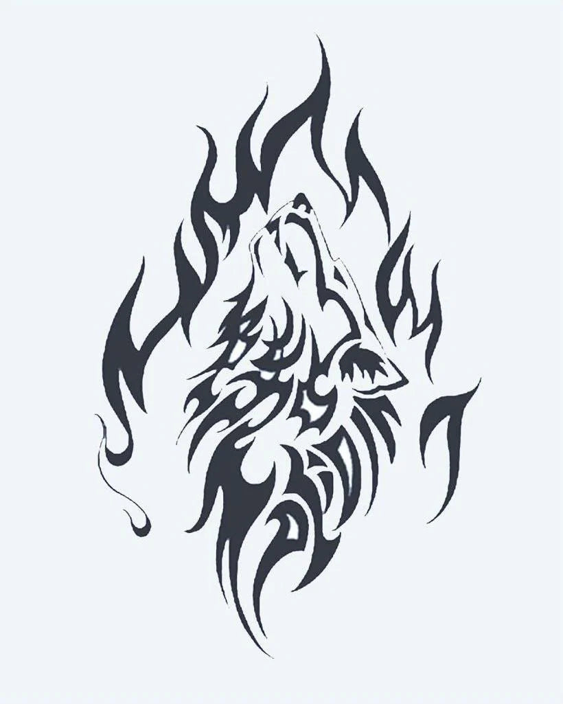 Tribal Howling Wolf semi-permanent tattoo design by INKON – howling, wolf, head, composed, tribal illustration, 4 x 7 in (10x17cm), available at inkon.co