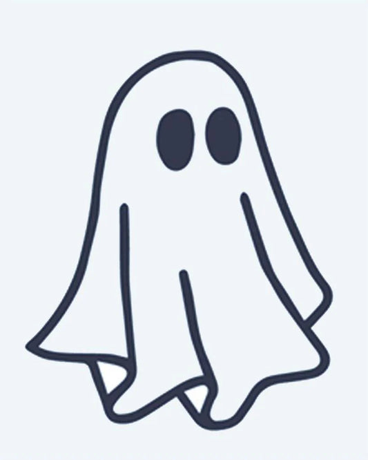 Cute Ghost semi-permanent tattoo design by INKON – adorable, floating, ghost, oval, eyes illustration, 2 x 2 in (5x5cm), available at inkon.co