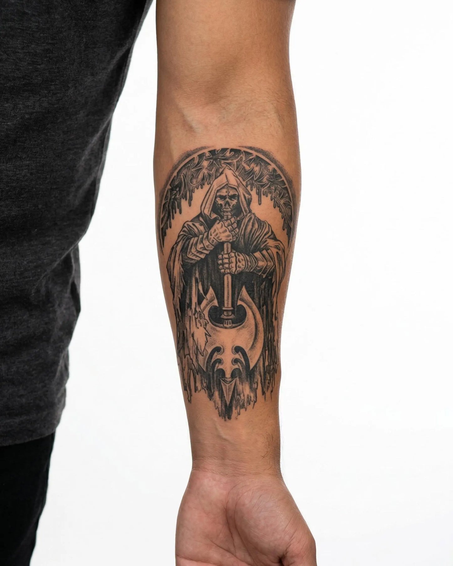 INKON Grim Reaper & Axe semi-permanent tattoo applied on a man – 4 x 7 in (10x17cm) design, realistic ink look, lasts 10 days