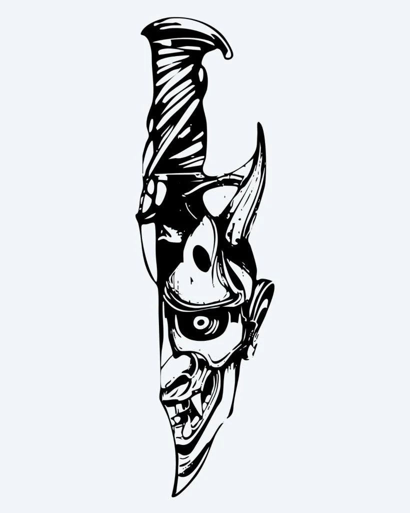 Hannya & Knife semi-permanent tattoo design by INKON – japanese, hannya, mask, merged, knife illustration, 4 x 8 in (11x21cm), available at inkon.co