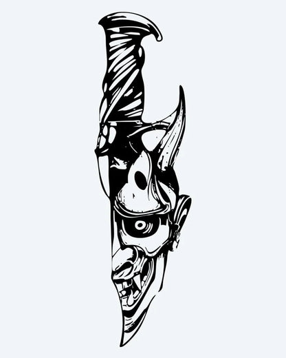 Hannya & Knife semi-permanent tattoo design by INKON – japanese, hannya, mask, merged, knife illustration, 4 x 8 in (11x21cm), available at inkon.co
