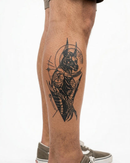 INKON Geometric Anubis semi-permanent tattoo applied on a man – 4 x 7 in (10x17cm) design, realistic ink look, lasts 10 days