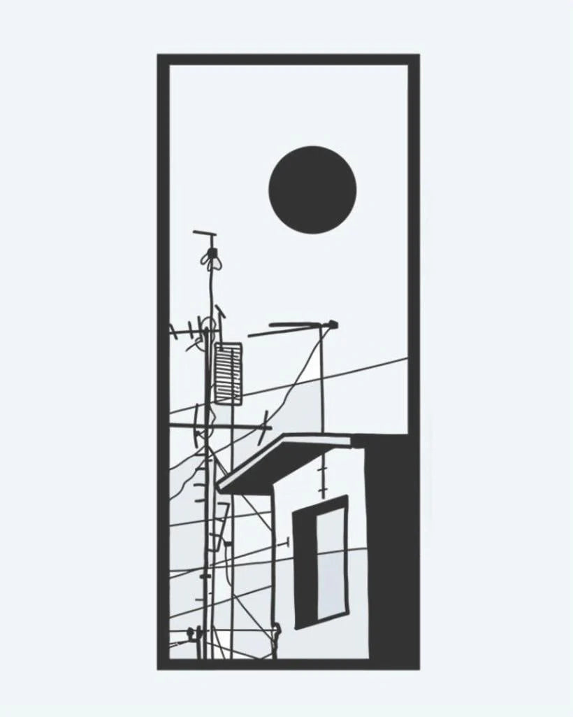 Urban Rooftop Scene semi-permanent tattoo design by INKON – minimalist, city, rooftop, antennas, power illustration, 3 x 4 in (6x11cm), available at inkon.co