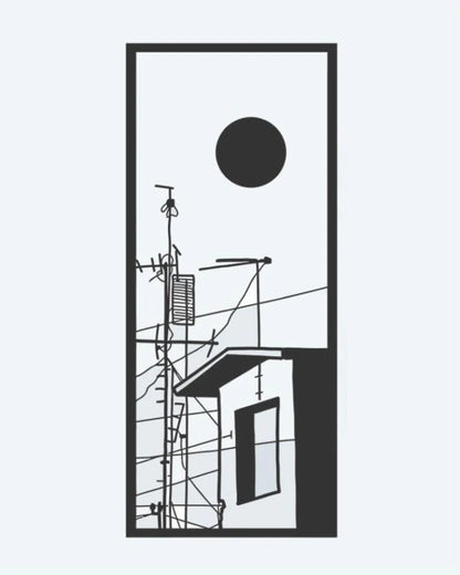 Urban Rooftop Scene semi-permanent tattoo design by INKON – minimalist, city, rooftop, antennas, power illustration, 3 x 4 in (6x11cm), available at inkon.co