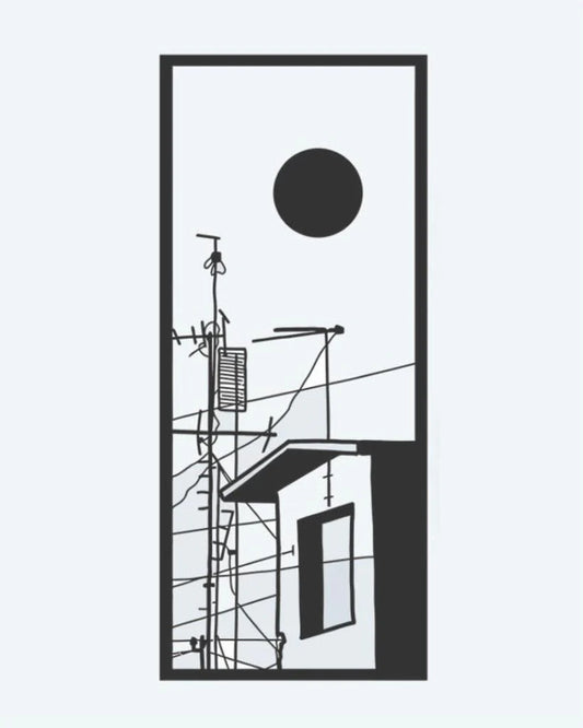 Urban Rooftop Scene semi-permanent tattoo design by INKON – minimalist, city, rooftop, antennas, power illustration, 3 x 4 in (6x11cm), available at inkon.co