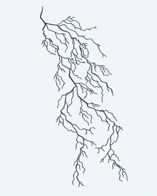Lightning Bolt semi-permanent tattoo design by INKON – branching, lightning, bolt, fine, electrical illustration, 4 x 7 in (10x17cm), available at inkon.co