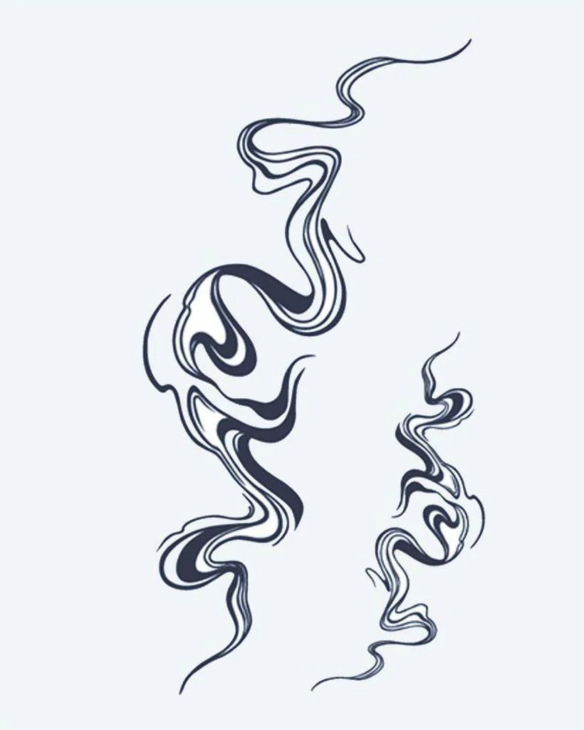 Abstract Smoke Swirls semi-permanent tattoo design by INKON – flowing, abstract, smoke, wisps, fluid illustration, 4 x 7 in (10x17cm), available at inkon.co