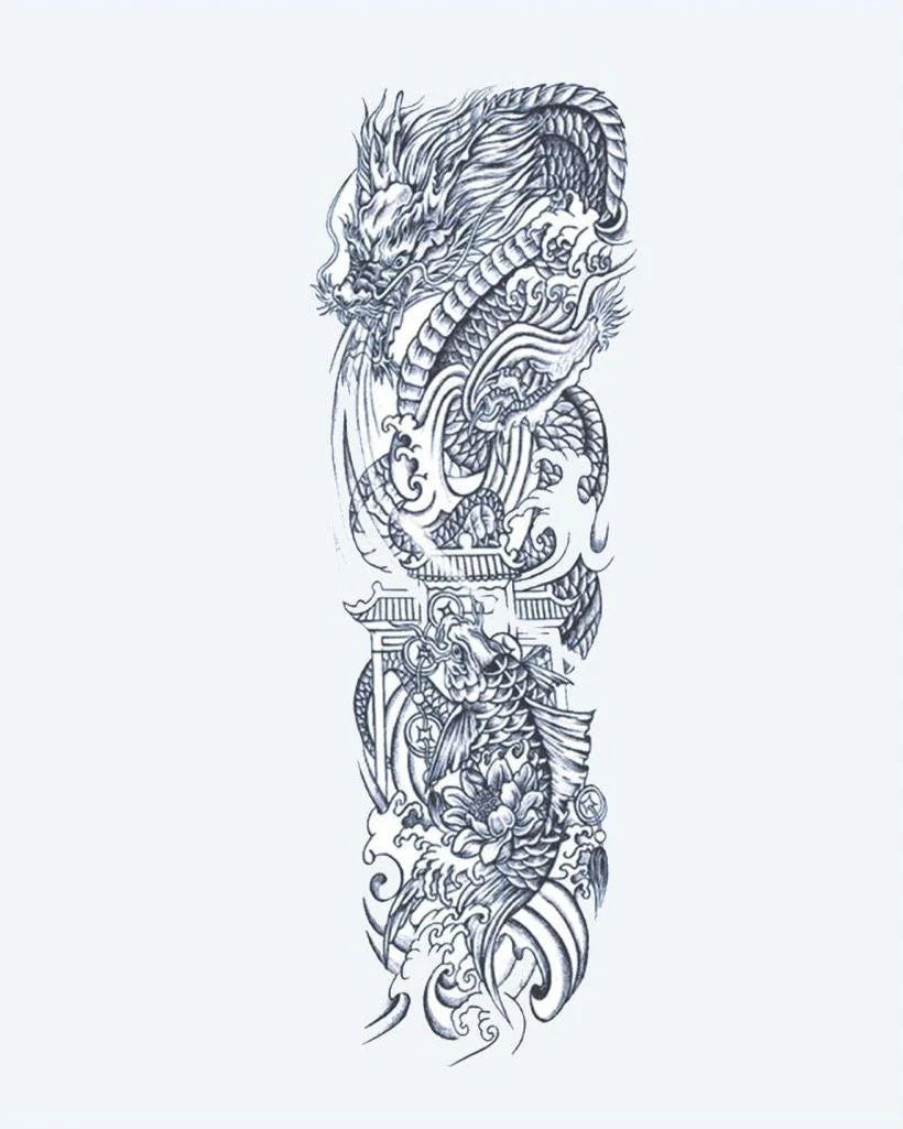 Dragon & Koi Fish semi-permanent tattoo design by INKON – majestic, japanese, full, sleeve, dragon illustration, 8 x 20 in (20x50cm), available at inkon.co
