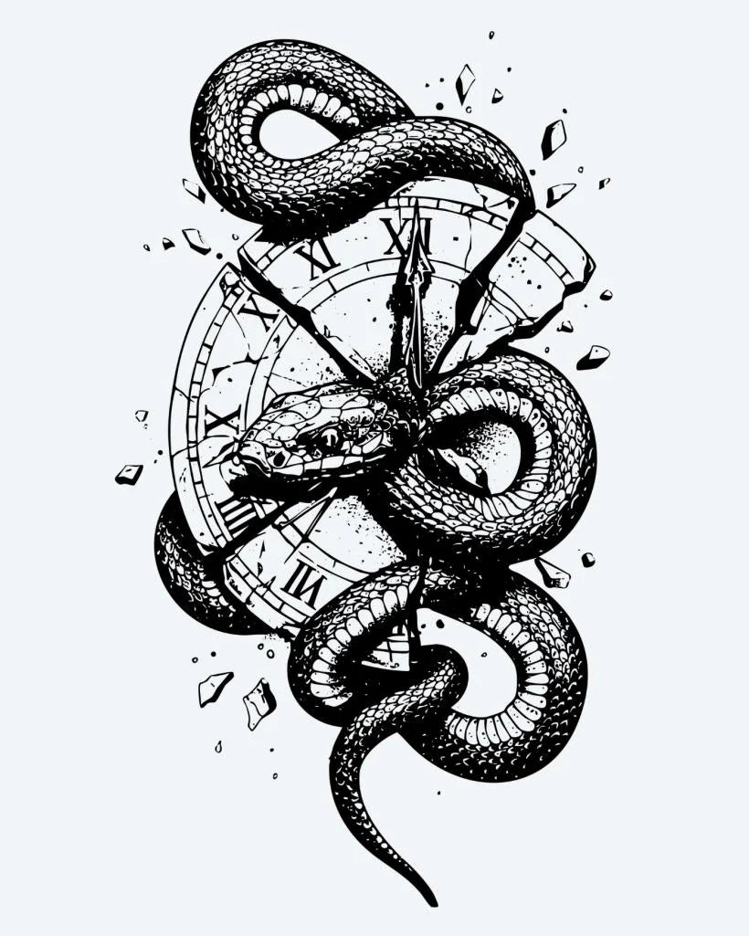Snake & Shattered Clock semi-permanent tattoo design by INKON – serpent, coiled, breaking, roman, numeral illustration, 4 x 7 in (10x17cm), available at inkon.co