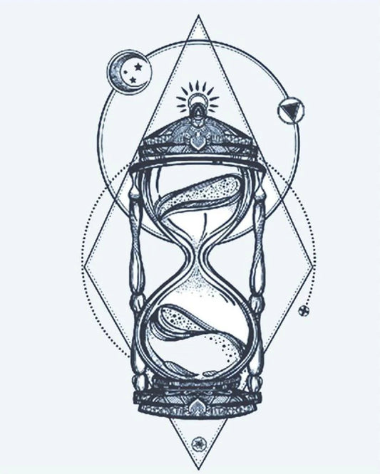 Cosmic Hourglass semi-permanent tattoo design by INKON – ornate, hourglass, framed, geometric, shapes illustration, 4 x 7 in (10x17cm), available at inkon.co