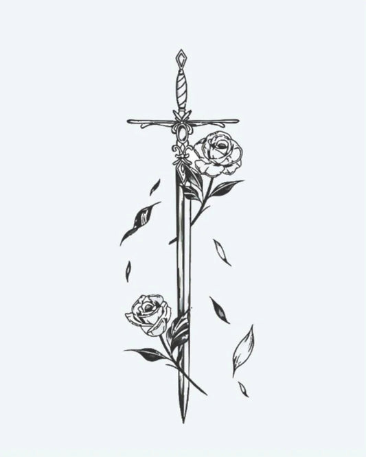 Sword & Roses semi-permanent tattoo design by INKON – sword, adorned, delicate, roses, falling illustration, 4 x 7 in (10x17cm), available at inkon.co