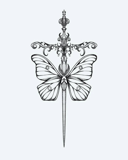 Moth & Ornate Dagger semi-permanent tattoo design by INKON – fine, line, blackwork, details, ornate illustration, 4 x 8 in (11x21cm), available at inkon.co