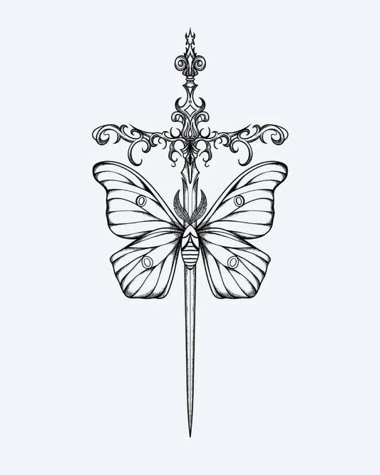 Moth & Ornate Dagger semi-permanent tattoo design by INKON – fine, line, blackwork, details, ornate illustration, 4 x 8 in (11x21cm), available at inkon.co