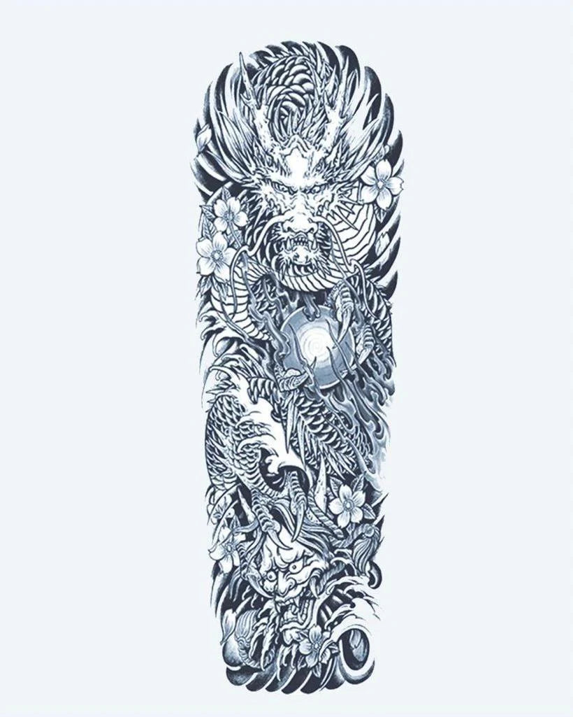 Japanese Dragon & Pearl semi-permanent tattoo design by INKON – japanese, full, sleeve, roaring, dragon illustration, 8 x 20 in (20x50cm), available at inkon.co