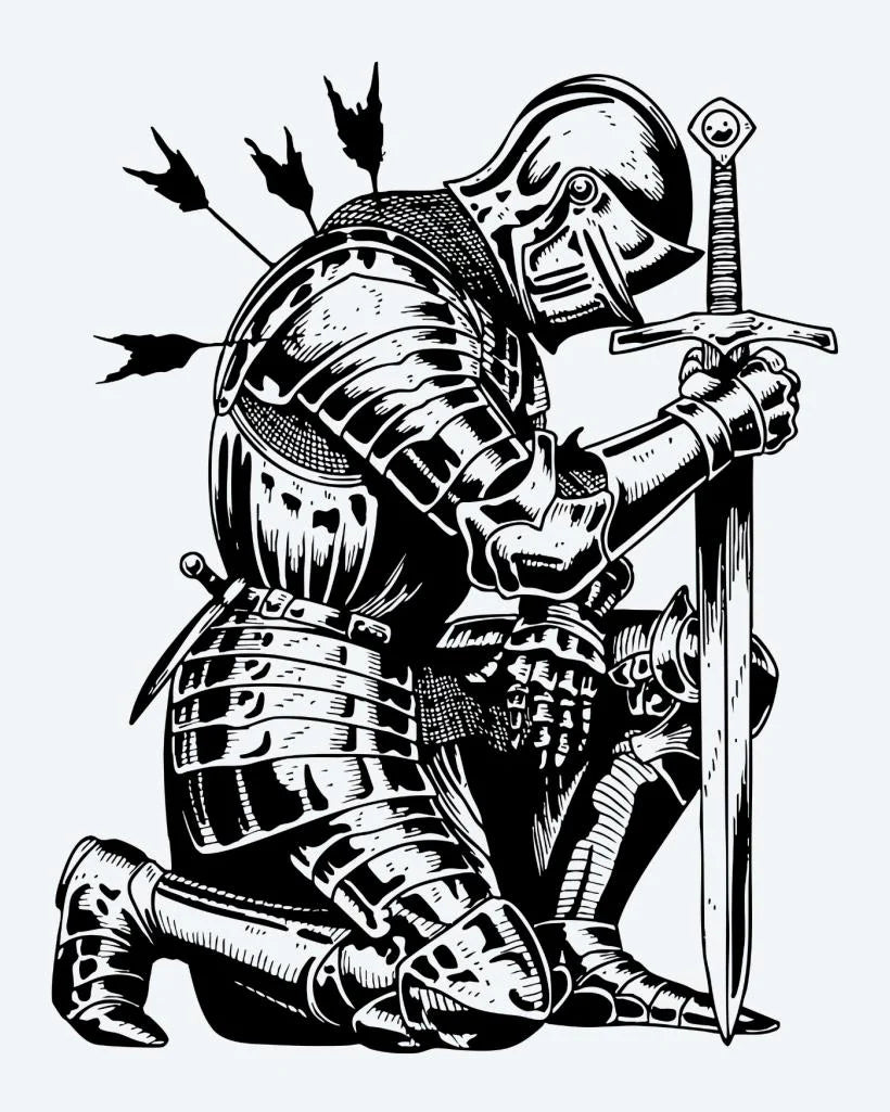 Fallen Knight semi-permanent tattoo design by INKON – kneeling, medieval, knight, full, armor illustration, 4 x 7 in (10x17cm), available at inkon.co
