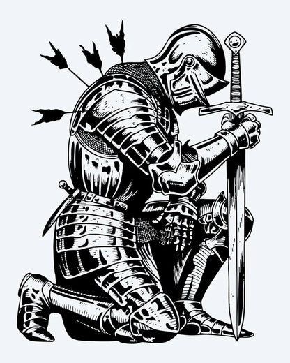 Fallen Knight semi-permanent tattoo design by INKON – kneeling, medieval, knight, full, armor illustration, 4 x 7 in (10x17cm), available at inkon.co