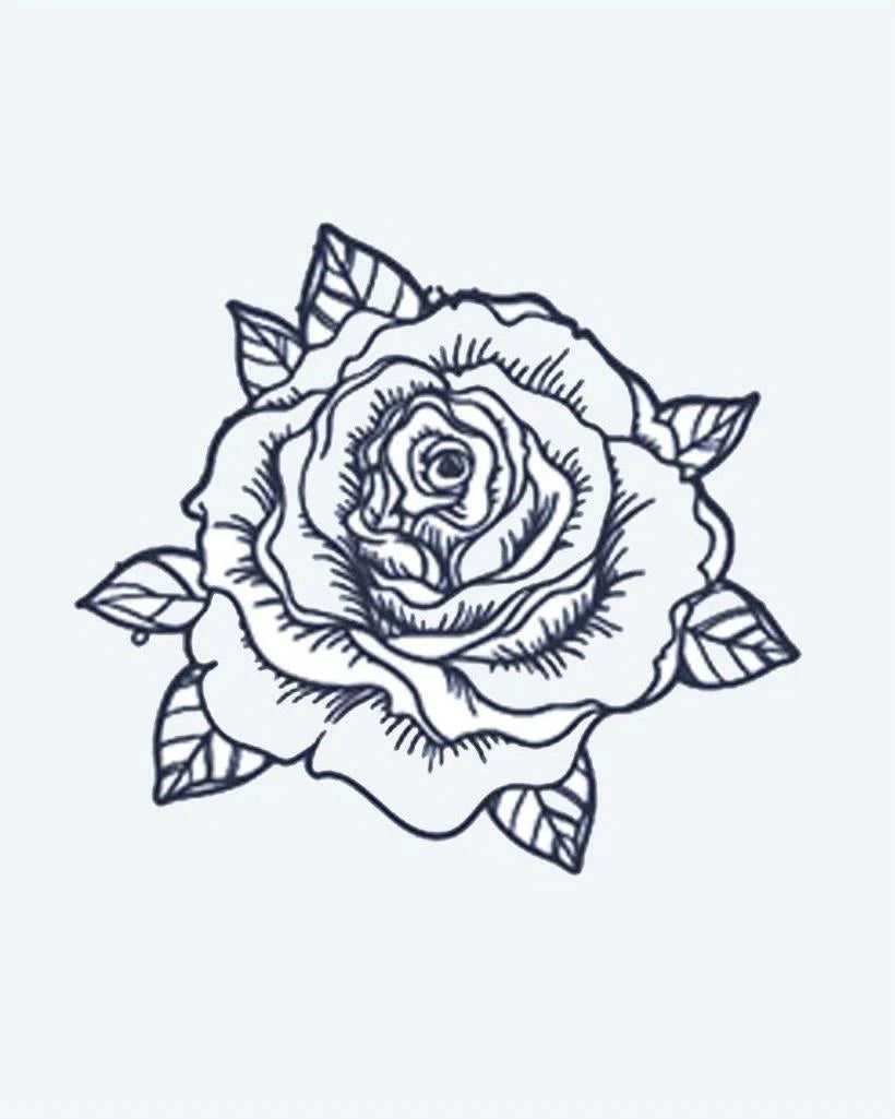 Blooming Rose semi-permanent tattoo design by INKON – open, blooming, rose, layered, petals illustration, 2 x 2 in (5x5cm), available at inkon.co