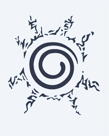 Spiral Seal semi-permanent tattoo design by INKON – spiral, surrounded, jagged, flame, rays illustration, 2 x 2 in (5x5cm), available at inkon.co