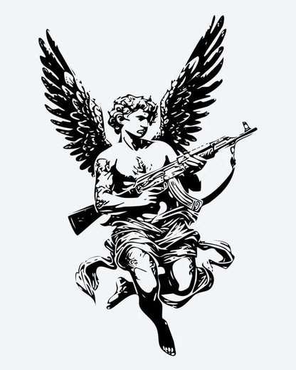 Armed Cherub semi-permanent tattoo design by INKON – winged, cherub, angel, wielding, rifle illustration, 4 x 7 in (10x17cm), available at inkon.co