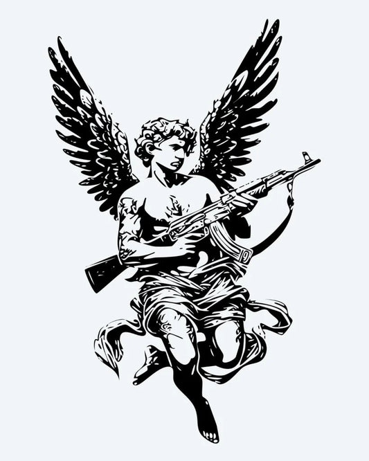 Armed Cherub semi-permanent tattoo design by INKON – winged, cherub, angel, wielding, rifle illustration, 4 x 7 in (10x17cm), available at inkon.co
