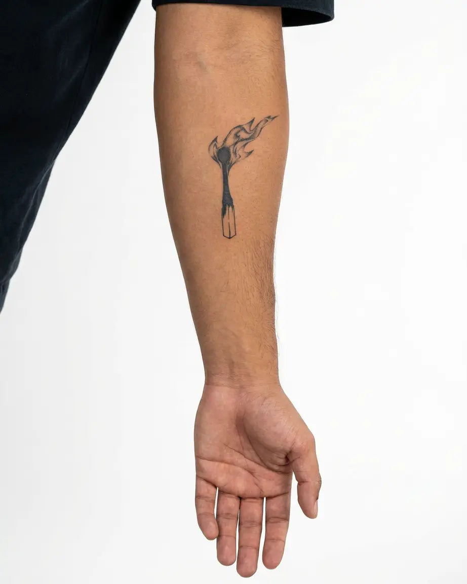INKON Burning Matchstick semi-permanent tattoo applied on a man – 3 x 4 in (7x10cm) design, realistic ink look, lasts 10 days