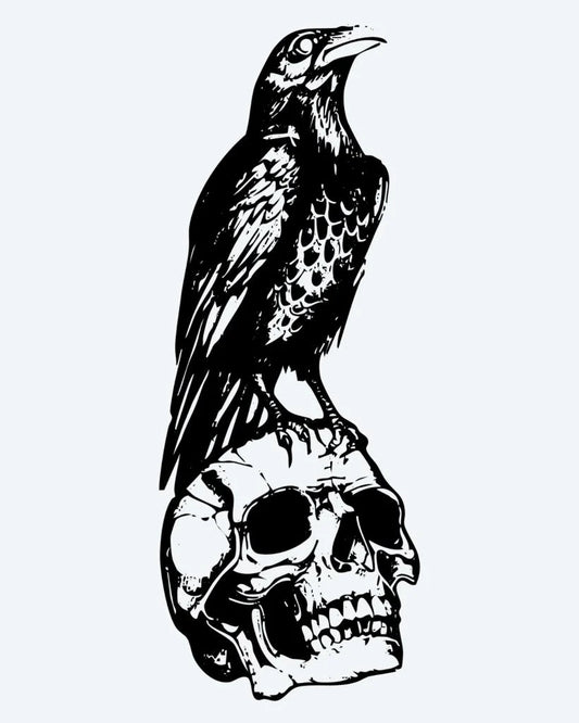 Raven on Skull semi-permanent tattoo design by INKON – dark, raven, perched, atop, human illustration, 4 x 7 in (10x17cm), available at inkon.co