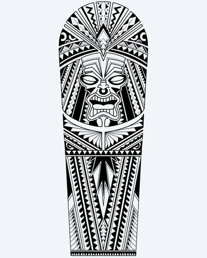 Polynesian Tiki Warrior semi-permanent tattoo design by INKON – imposing, polynesian, tiki, warrior, mask illustration, 8 x 20 in (20x50cm), available at inkon.co