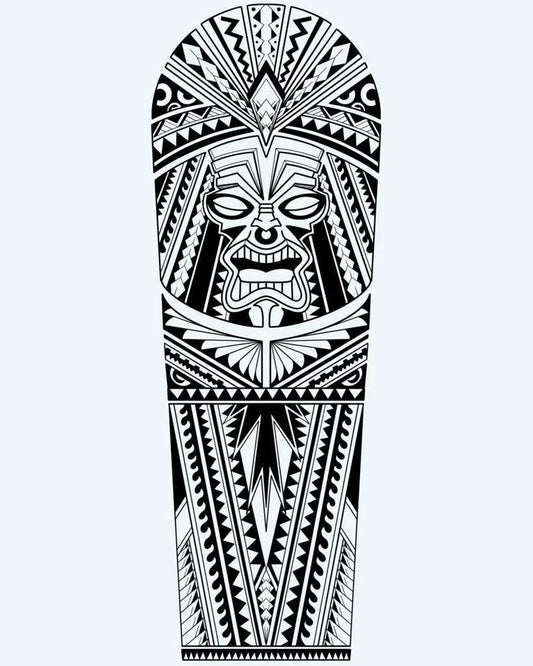 Polynesian Tiki Warrior semi-permanent tattoo design by INKON – imposing, polynesian, tiki, warrior, mask illustration, 8 x 20 in (20x50cm), available at inkon.co