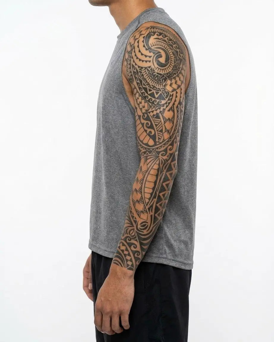 INKON Polynesian Tribal semi-permanent tattoo applied on a man – 8 x 20 in (20x50cm) design, realistic ink look, lasts 10 days