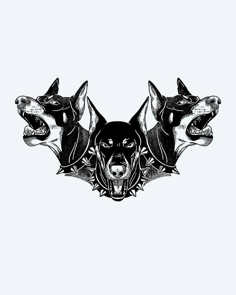 Cerberus Triple Doberman semi-permanent tattoo design by INKON – three, snarling, doberman, heads, mythical illustration, 4 x 4 in (9x9cm), available at inkon.co