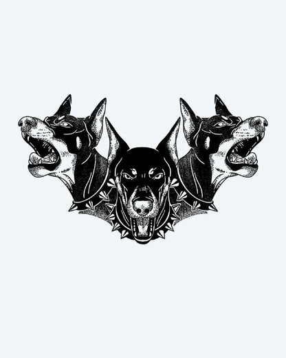 Cerberus Triple Doberman semi-permanent tattoo design by INKON – three, snarling, doberman, heads, mythical illustration, 4 x 4 in (9x9cm), available at inkon.co