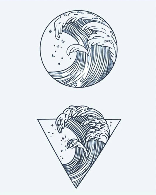 Ocean Waves semi-permanent tattoo design by INKON – japanese, ocean, waves, enclosed, circle illustration, 4 x 7 in (10x17cm), available at inkon.co