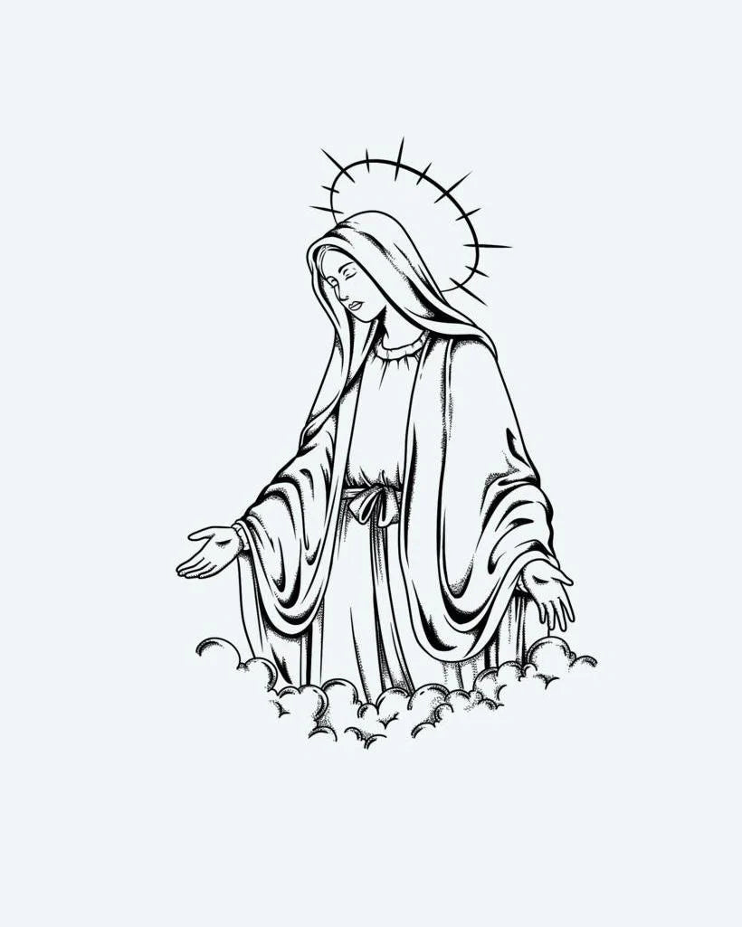 Holy Mother semi-permanent tattoo design by INKON – fine, line, blackwork, portrays, virgin illustration, 4 x 7 in (10x17cm), available at inkon.co