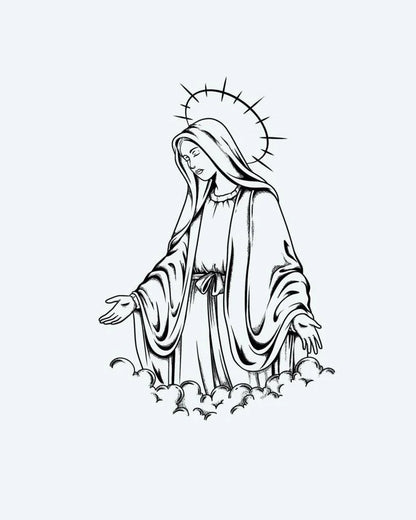Holy Mother semi-permanent tattoo design by INKON – fine, line, blackwork, portrays, virgin illustration, 4 x 7 in (10x17cm), available at inkon.co