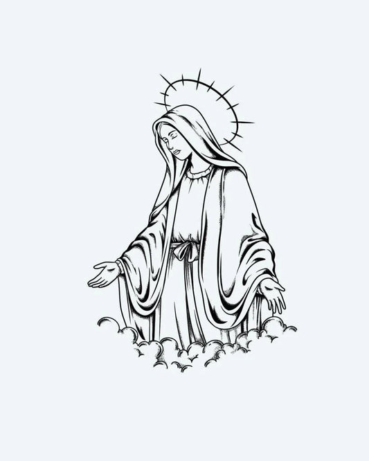 Holy Mother semi-permanent tattoo design by INKON – fine, line, blackwork, portrays, virgin illustration, 4 x 7 in (10x17cm), available at inkon.co