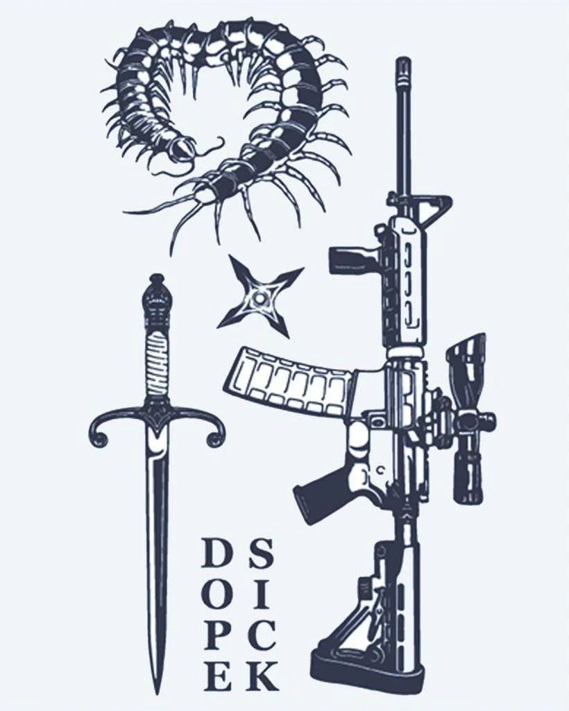 Weapons & Centipede Flash Sheet semi-permanent tattoo design by INKON – flash, sheet, centipede, dagger, rifle illustration, 4 x 7 in (10x17cm), available at inkon.co