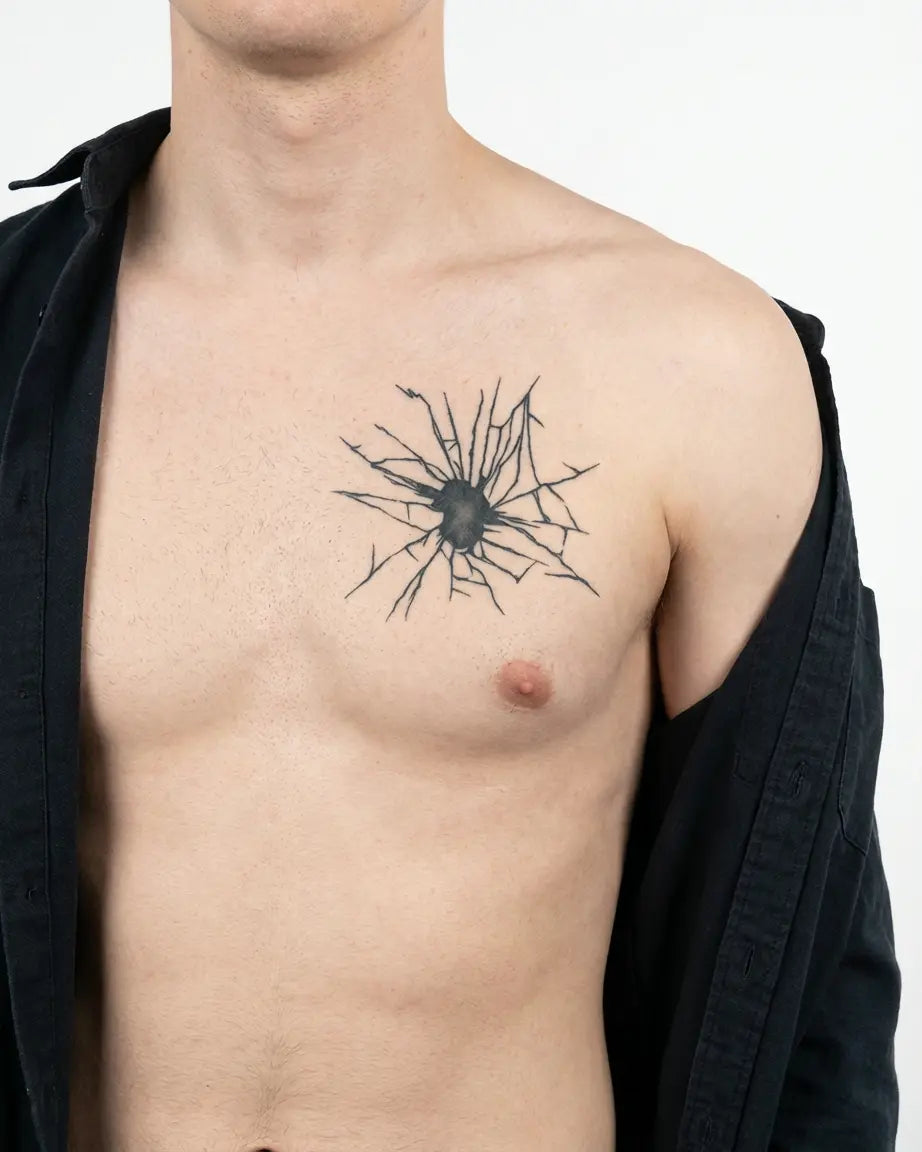 INKON Shattered Glass Impact semi-permanent tattoo applied on a man – 4 x 4 in (9x9cm) design, realistic ink look, lasts 10 days