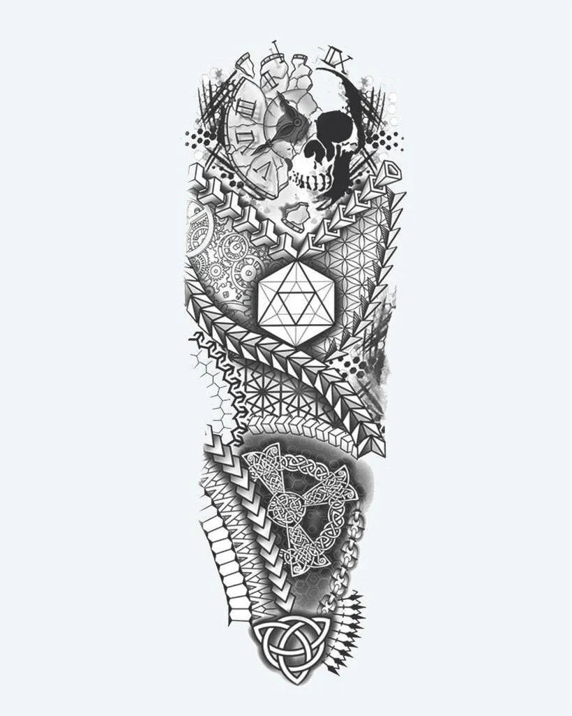 Geometric Skull & Sacred Geometry semi-permanent tattoo design by INKON – full, sleeve, combining, skull, sacred illustration, 8 x 20 in (20x50cm), available at inkon.co
