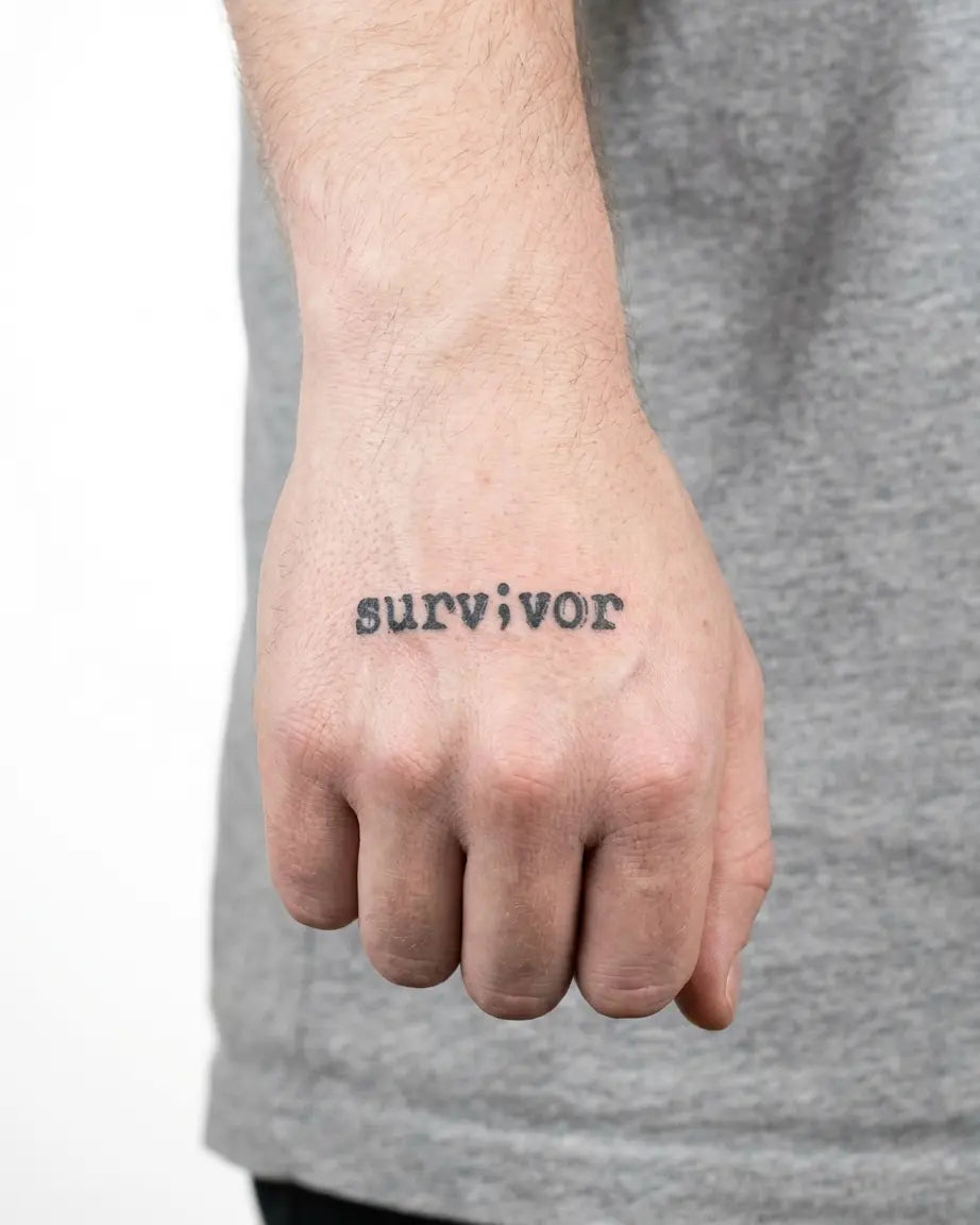 INKON Semicolon Survivor semi-permanent tattoo applied on a man – 2 x 2 in (5x5cm) design, realistic ink look, lasts 10 days