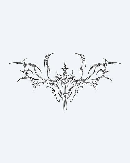 Ornamental Skull Moth semi-permanent tattoo design by INKON – delicate, fine, line, symmetrical, skull illustration, 4 x 8 in (11x21cm), available at inkon.co