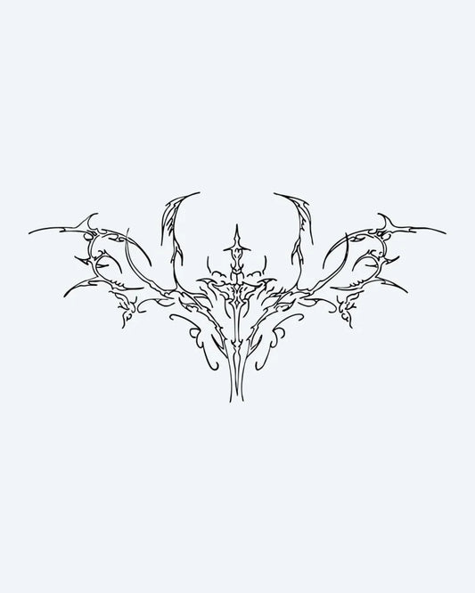 Ornamental Skull Moth semi-permanent tattoo design by INKON – delicate, fine, line, symmetrical, skull illustration, 4 x 8 in (11x21cm), available at inkon.co