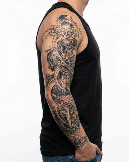 INKON Twin Dragons & Yin Yang semi-permanent tattoo applied on a man – 8 x 20 in (20x50cm) design, realistic ink look, lasts 10 days