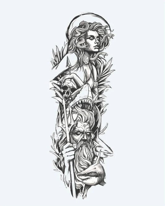 Medusa & Poseidon semi-permanent tattoo design by INKON – mythological, full, sleeve, medusa, snake illustration, 8 x 20 in (20x50cm), available at inkon.co