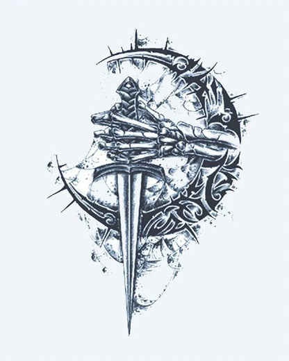 Skeleton Hand & Dagger semi-permanent tattoo design by INKON – skeletal, gripping, dagger, surrounded, thorns illustration, 4 x 7 in (10x17cm), available at inkon.co