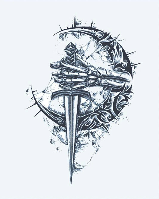 Skeleton Hand & Dagger semi-permanent tattoo design by INKON – skeletal, gripping, dagger, surrounded, thorns illustration, 4 x 7 in (10x17cm), available at inkon.co