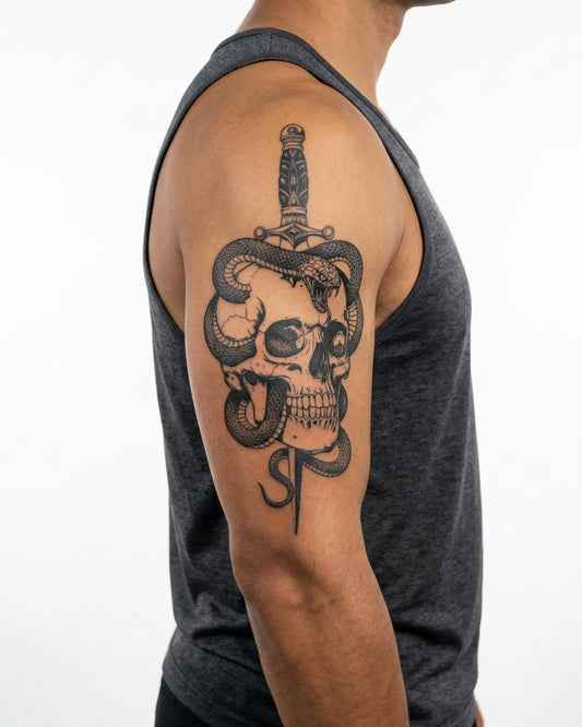 INKON Skull, Snake & Dagger semi-permanent tattoo applied on a man – 4 x 8 in (11x21cm) design, realistic ink look, lasts 10 days
