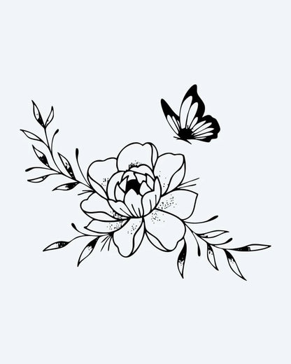 Peony & Butterfly semi-permanent tattoo design by INKON – blooming, peony, flower, leafy, branches illustration, 3 x 4 in (6x11cm), available at inkon.co