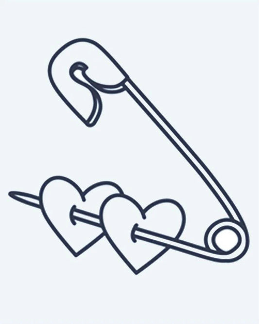 Safety Pin & Hearts semi-permanent tattoo design by INKON – cute, safety, piercing, through, hearts illustration, 2 x 2 in (5x5cm), available at inkon.co