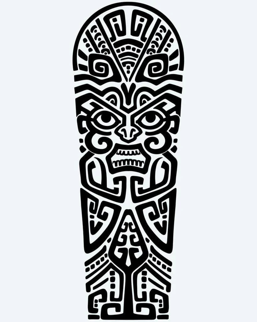 Polynesian Tiki Face semi-permanent tattoo design by INKON – polynesian, centered, tiki, face, lines illustration, 8 x 20 in (20x50cm), available at inkon.co